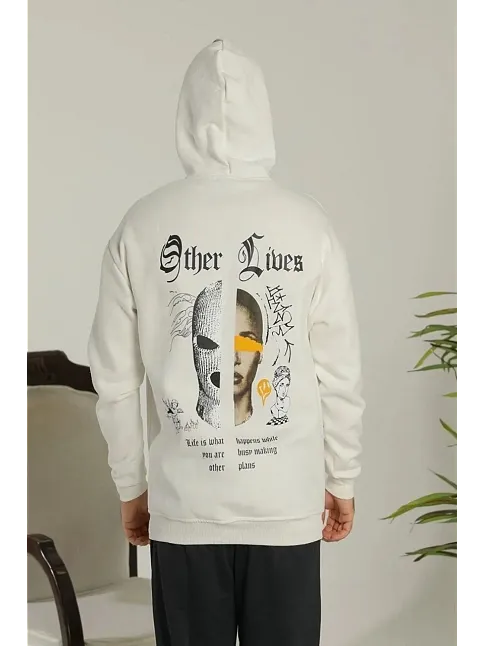 Erkek Kapşonlu Sweatshirt – Oversize Üç İplik Şardonlu Hoodie, “other Lives” Ön & Arka Baskılı, Kanguru Cepli, Kışlık Rahat Günlük Stil - Beyaz