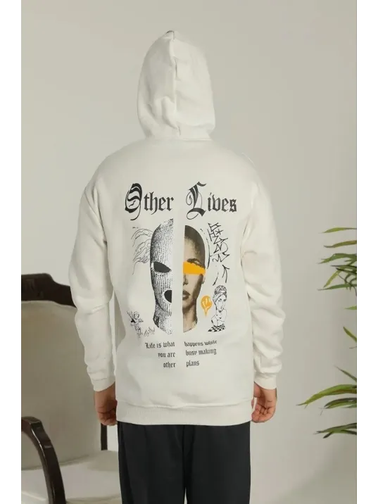 Erkek Kapşonlu Sweatshirt – Oversize Üç İplik Şardonlu Hoodie, “Other Lives” Ön & Arka Baskılı, Kanguru Cepli, Kışlık Rahat Günlük Stil - Beyaz Erkek Kapşonlu Sweatshirt – Oversize Üç İplik Şardonlu Hoodie, “Other Lives” Ön & Arka Baskılı, Kanguru Cepli, Kışlık Rahat Günlük Stil - Beyaz