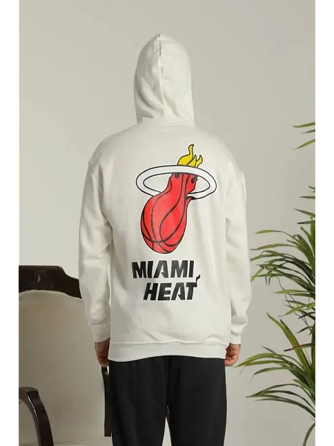 Erkek Sırt Baskılı Oversize Üç İplik Kapüşonlu Sweatshirt - Beyaz