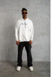 Erkek Oversize Üç İplik Şardonlu Kapüşonlu Sweatshirt – Beyaz “other Lives” Ön Ve Arka Baskılı, Kanguru Cepli, Ribanalı Rahat Kışlık Model Beyaz