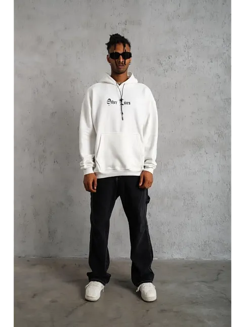 Erkek Kapşonlu Sweatshirt – Oversize Üç İplik Şardonlu Hoodie, “other Lives” Ön & Arka Baskılı, Kanguru Cepli, Kışlık Rahat Günlük Stil - Beyaz