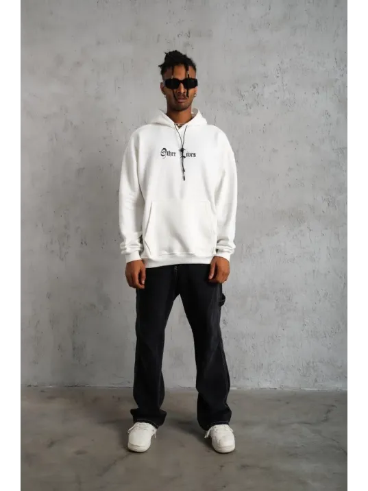 Erkek Kapşonlu Sweatshirt – Oversize Üç İplik Şardonlu Hoodie, “Other Lives” Ön & Arka Baskılı, Kanguru Cepli, Kışlık Rahat Günlük Stil - Beyaz