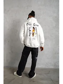 Erkek Oversize Üç İplik Şardonlu Kapüşonlu Sweatshirt – Beyaz “other Lives” Ön Ve Arka Baskılı, Kanguru Cepli, Ribanalı Rahat Kışlık Model Beyaz