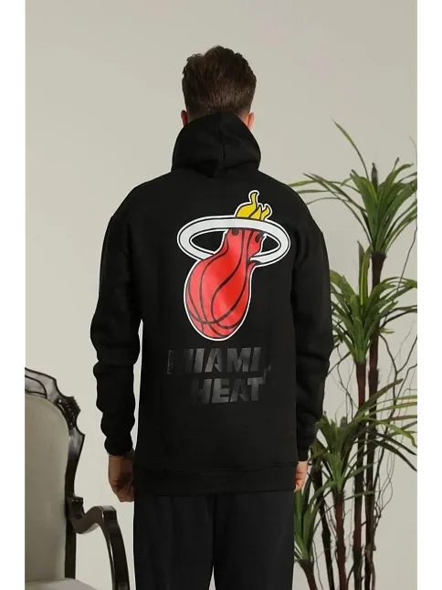 Erkek Oversize Üç İplik Kapüşonlu Sweatshirt –sırt Ve Ön Baskılı, Kanguru Cepli, Rahat Kalıp Maskot Desenli Model - Siyah