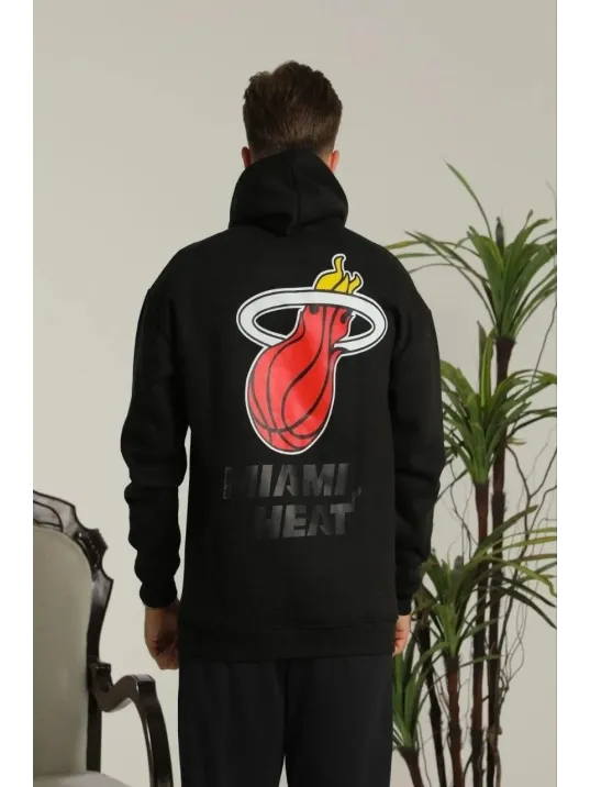 Erkek Oversize Üç İplik Kapüşonlu Sweatshirt –Sırt ve Ön Baskılı, Kanguru Cepli, Rahat Kalıp Maskot Desenli Model - Siyah