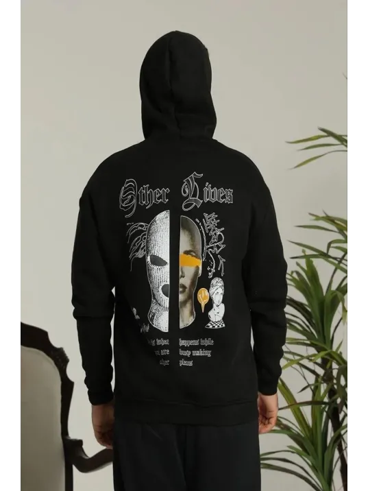 Erkek Kapşonlu Sweatshirt – Oversize Üç İplik Şardonlu Hoodie, “Other Lives” Ön & Arka Baskılı, Kanguru Cepli, Kışlık Rahat Günlük Stil - Siyah Erkek Kapşonlu Sweatshirt – Oversize Üç İplik Şardonlu Hoodie, “Other Lives” Ön & Arka Baskılı, Kanguru Cepli, Kışlık Rahat Günlük Stil - Siyah