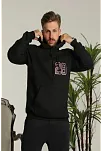 Erkek Oversize Üç İplik Kapüşonlu Sweatshirt –sırt Ve Ön Baskılı, Kanguru Cepli, Rahat Kalıp Maskot Desenli Model - Siyah