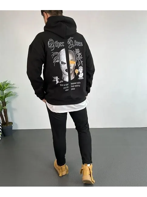 Erkek Kapşonlu Sweatshirt – Oversize Üç İplik Şardonlu Hoodie, “other Lives” Ön & Arka Baskılı, Kanguru Cepli, Kışlık Rahat Günlük Stil - Siyah