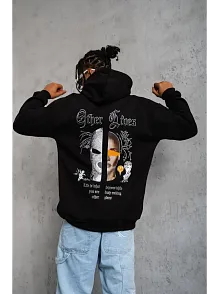 Erkek Kapşonlu Sweatshirt – Oversize Üç İplik Şardonlu Hoodie, “other Lives” Ön & Arka Baskılı, Kanguru Cepli, Kışlık Rahat Günlük Stil - Siyah