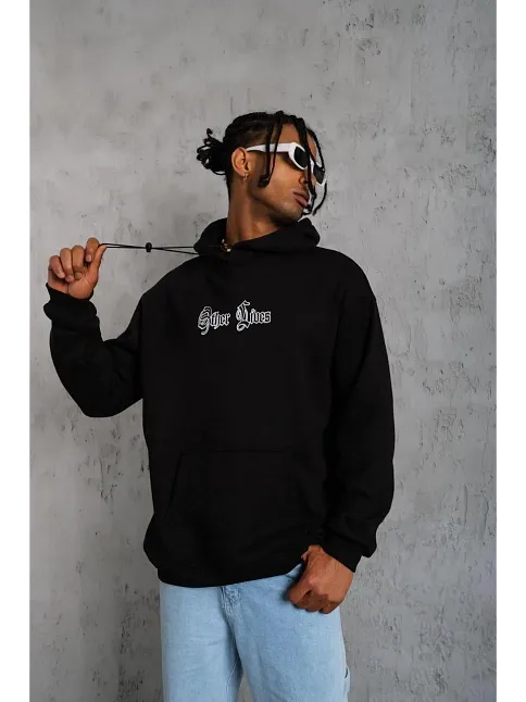 Erkek Kapşonlu Sweatshirt – Oversize Üç İplik Şardonlu Hoodie, “other Lives” Ön & Arka Baskılı, Kanguru Cepli, Kışlık Rahat Günlük Stil - Siyah