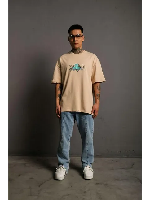 Erkek Sırt Baskılı T-shirt - Bej