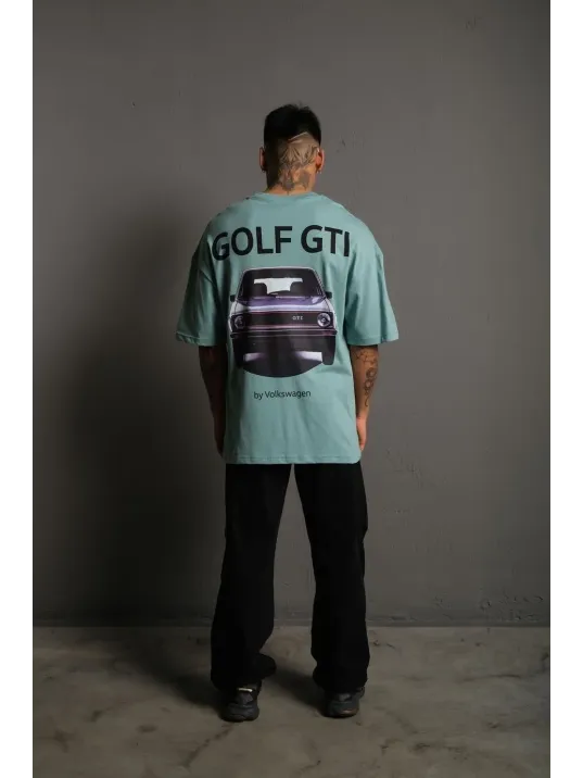 Erkek Oversize Baskılı Tişört – Golf GTI Retro Araba Desenli, Ön & Arka Dijital Baskı, Sokak Modası Stil - Mint Yeşili