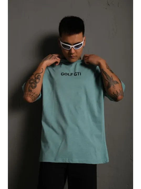 Erkek Oversize Baskılı Tişört – Golf GTI Retro Araba Desenli, Ön & Arka Dijital Baskı, Sokak Modası Stil - Mint Yeşili
