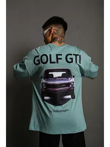 Erkek Oversize Baskılı Tişört – Golf Gtı Retro Araba Desenli, Ön & Arka Dijital Baskı, Sokak Modası Stil - Mint Yeşili