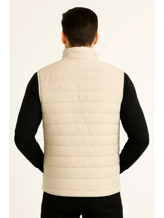 Erkek Şişme Fermuarlı Yelek Su itici Kapitone Astarlı Kumaş Cepli Hafif Kışlık Spor Rahat Kalıp -Bej