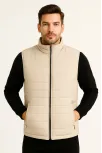 Erkek Şişme Fermuarlı Yelek Su İtici Kapitone Astarlı Kumaş Cepli Hafif Kışlık Spor Rahat Kalıp -bej