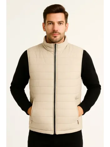 Erkek Şişme Fermuarlı Yelek Su itici Kapitone Astarlı Kumaş Cepli Hafif Kışlık Spor Rahat Kalıp -Bej