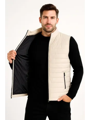 Erkek Şişme Fermuarlı Yelek Su itici Kapitone Astarlı Kumaş Cepli Hafif Kışlık Spor Rahat Kalıp -Bej