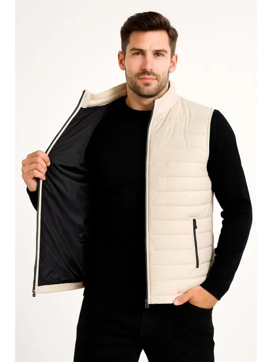 Erkek Şişme Fermuarlı Yelek Su itici Kapitone Astarlı Kumaş Cepli Hafif Kışlık Spor Rahat Kalıp -Bej