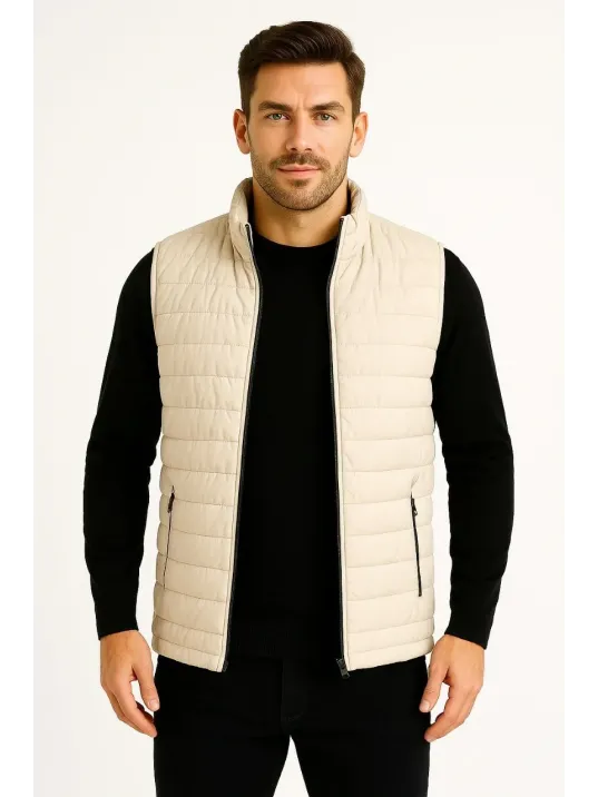 Erkek Şişme Fermuarlı Yelek Su itici Kapitone Astarlı Kumaş Cepli Hafif Kışlık Spor Rahat Kalıp -Bej