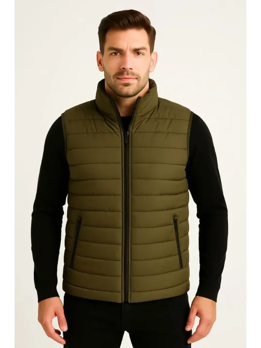 Erkek Şişme Fermuarlı Yelek Su itici Kapitone Astarlı Kumaş Cepli Hafif Kışlık Spor Rahat Kalıp - Haki