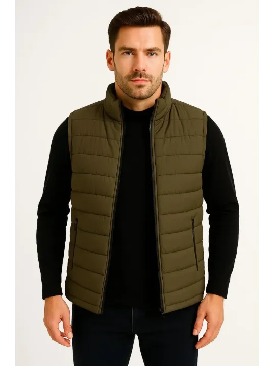 Erkek Şişme Fermuarlı Yelek Su itici Kapitone Astarlı Kumaş Cepli Hafif Kışlık Spor Rahat Kalıp - Haki