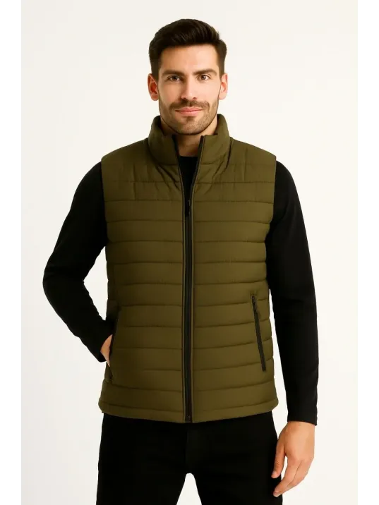 Erkek Şişme Fermuarlı Yelek Su itici Kapitone Astarlı Kumaş Cepli Hafif Kışlık Spor Rahat Kalıp - Haki