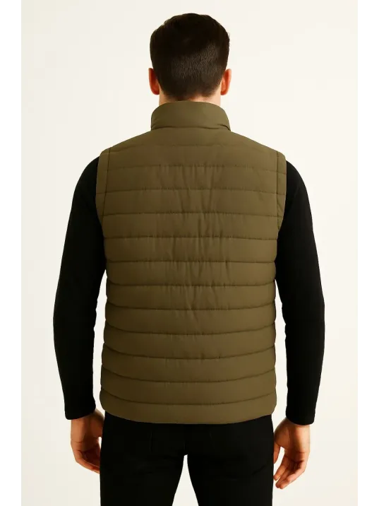 Erkek Şişme Fermuarlı Yelek Su itici Kapitone Astarlı Kumaş Cepli Hafif Kışlık Spor Rahat Kalıp - Haki