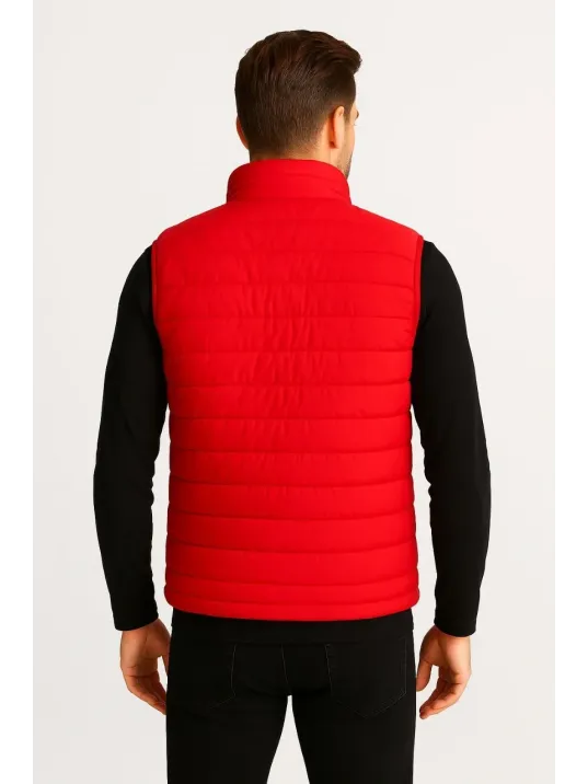 Erkek Şişme Fermuarlı Yelek Su itici Kapitone Astarlı Kumaş Cepli Hafif Kışlık Spor Rahat Kalıp - Kırmızı