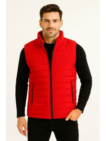 Erkek Şişme Fermuarlı Yelek Su itici Kapitone Astarlı Kumaş Cepli Hafif Kışlık Spor Rahat Kalıp - Kırmızı