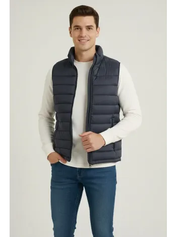 Erkek Şişme Fermuarlı Yelek Su İtici Kapitone Astarlı Kumaş Cepli Hafif Kışlık Spor Rahat Kalıp - Lacivert