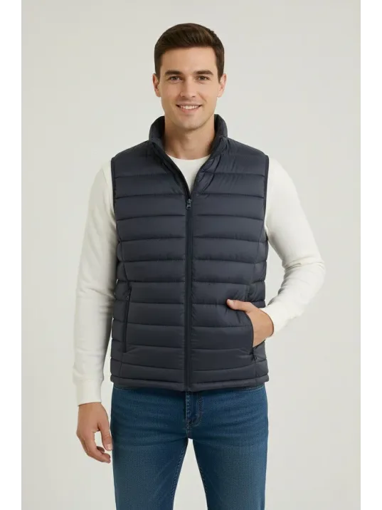 Erkek Şişme Fermuarlı Yelek Su İtici Kapitone Astarlı Kumaş Cepli Hafif Kışlık Spor Rahat Kalıp - Lacivert