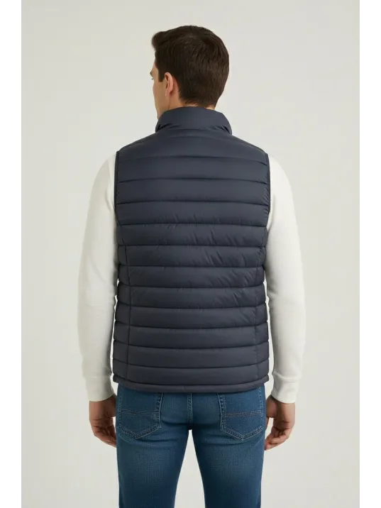 Erkek Şişme Fermuarlı Yelek Su İtici Kapitone Astarlı Kumaş Cepli Hafif Kışlık Spor Rahat Kalıp - Lacivert