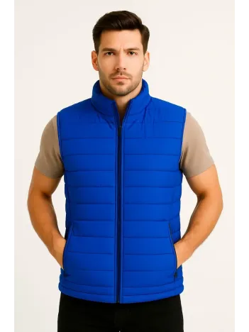 Erkek Şişme Fermuarlı Yelek Su itici Kapitone Astarlı Kumaş Cepli Hafif Kışlık Spor Rahat Kalıp - Saks Mavisi