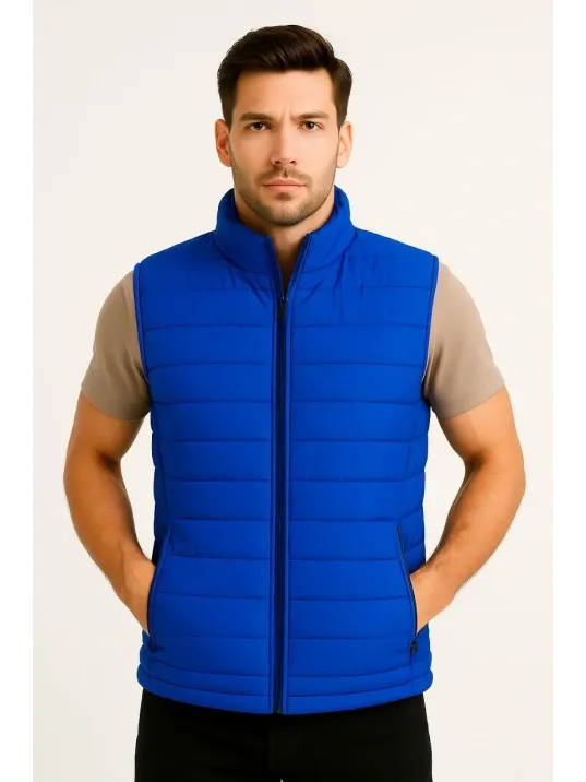 Erkek Şişme Fermuarlı Yelek Su itici Kapitone Astarlı Kumaş Cepli Hafif Kışlık Spor Rahat Kalıp - Saks Mavisi