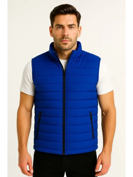 Erkek Şişme Fermuarlı Yelek Su itici Kapitone Astarlı Kumaş Cepli Hafif Kışlık Spor Rahat Kalıp - Saks Mavisi