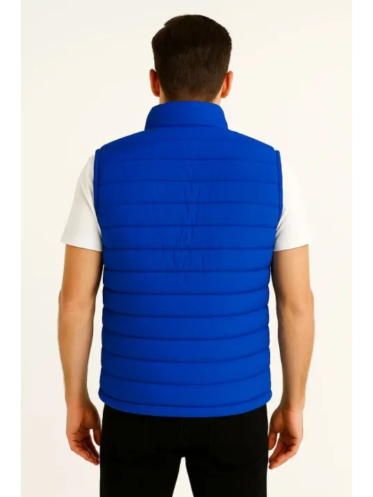 Erkek Şişme Fermuarlı Yelek Su itici Kapitone Astarlı Kumaş Cepli Hafif Kışlık Spor Rahat Kalıp - Saks Mavisi