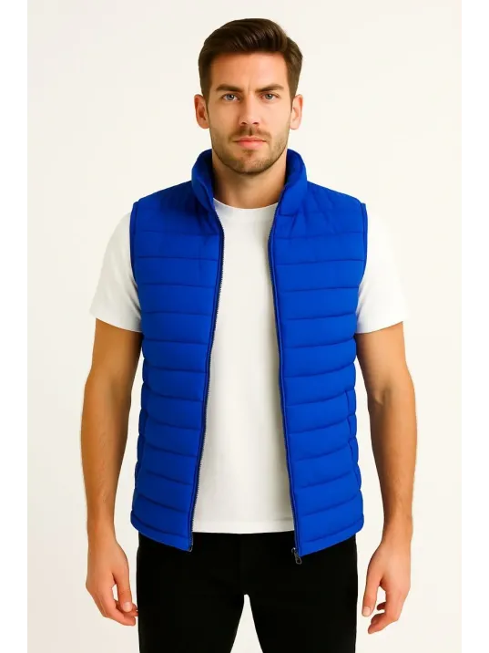 Erkek Şişme Fermuarlı Yelek Su itici Kapitone Astarlı Kumaş Cepli Hafif Kışlık Spor Rahat Kalıp - Saks Mavisi