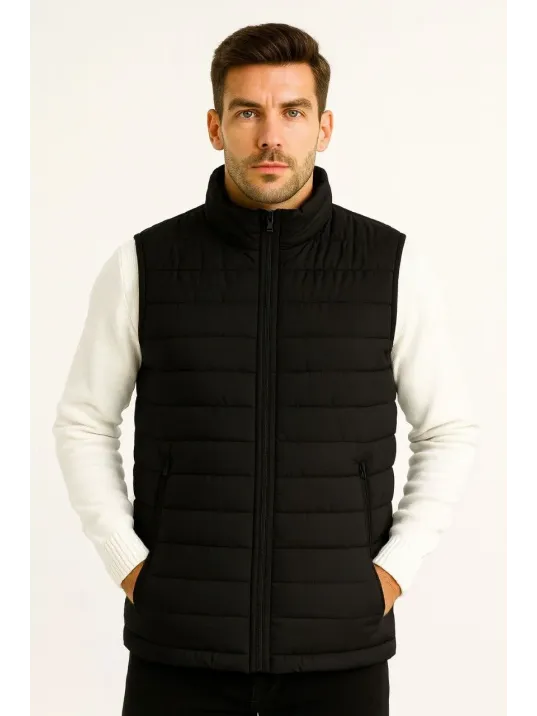 Erkek Şişme Fermuarlı Yelek Su itici Kapitone Astarlı Kumaş Cepli Hafif Kışlık Spor Rahat Kalıp - Siyah