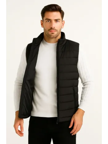 Erkek Şişme Fermuarlı Yelek Su itici Kapitone Astarlı Kumaş Cepli Hafif Kışlık Spor Rahat Kalıp - Siyah