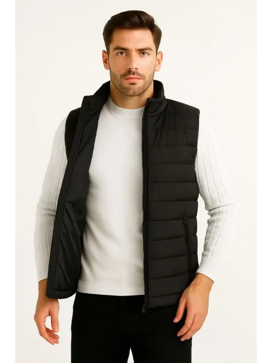 Erkek Şişme Fermuarlı Yelek Su itici Kapitone Astarlı Kumaş Cepli Hafif Kışlık Spor Rahat Kalıp - Siyah