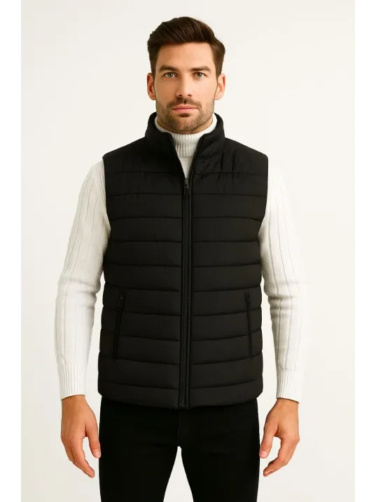 Erkek Şişme Fermuarlı Yelek Su itici Kapitone Astarlı Kumaş Cepli Hafif Kışlık Spor Rahat Kalıp - Siyah