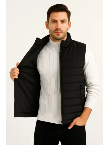 Erkek Şişme Fermuarlı Yelek Su itici Kapitone Astarlı Kumaş Cepli Hafif Kışlık Spor Rahat Kalıp - Siyah