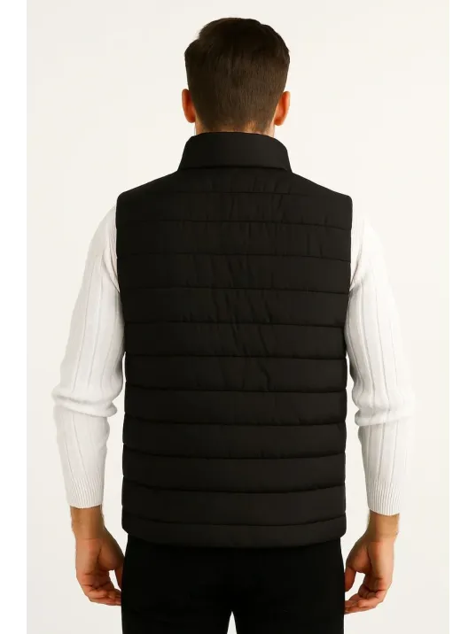 Erkek Şişme Fermuarlı Yelek Su itici Kapitone Astarlı Kumaş Cepli Hafif Kışlık Spor Rahat Kalıp - Siyah