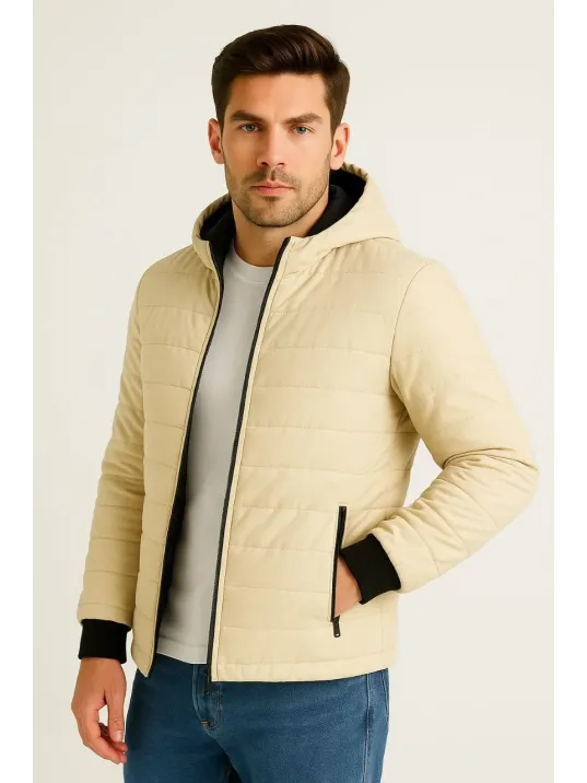Erkek Şişme Kapüşonlu Fermuarlı Mont Su itici Kapitone Astarlı Kumaş Cepli Kışlık Rahat Kalıp - Bej