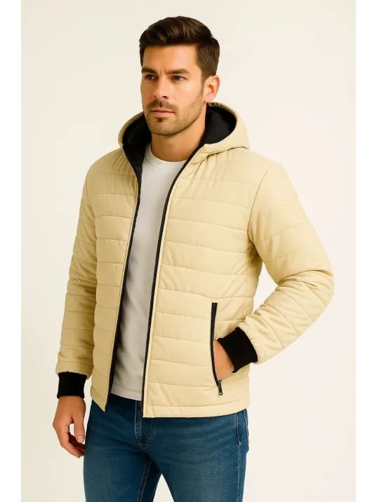 Erkek Şişme Kapüşonlu Fermuarlı Mont Su itici Kapitone Astarlı Kumaş Cepli Kışlık Rahat Kalıp - Bej