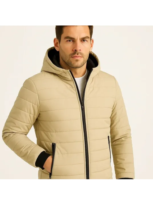 Erkek Şişme Kapüşonlu Fermuarlı Mont Su itici Kapitone Astarlı Kumaş Cepli Kışlık Rahat Kalıp - Bej