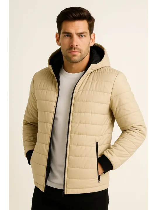 Erkek Şişme Kapüşonlu Fermuarlı Mont Su itici Kapitone Astarlı Kumaş Cepli Kışlık Rahat Kalıp - Bej
