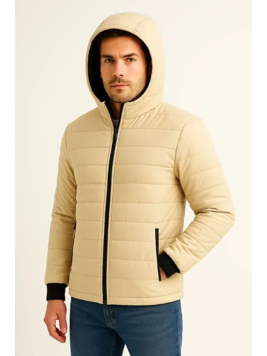 Erkek Şişme Kapüşonlu Fermuarlı Mont Su itici Kapitone Astarlı Kumaş Cepli Kışlık Rahat Kalıp - Bej