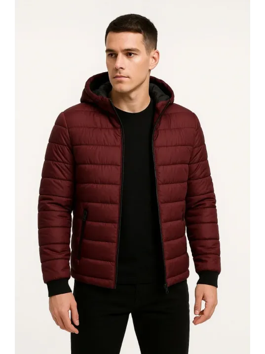 Erkek Şişme Kapüşonlu Fermuarlı Mont Su İtici Kapitone Astarlı Kumaş Cepli Kışlık Rahat Kalıp - Bordo
